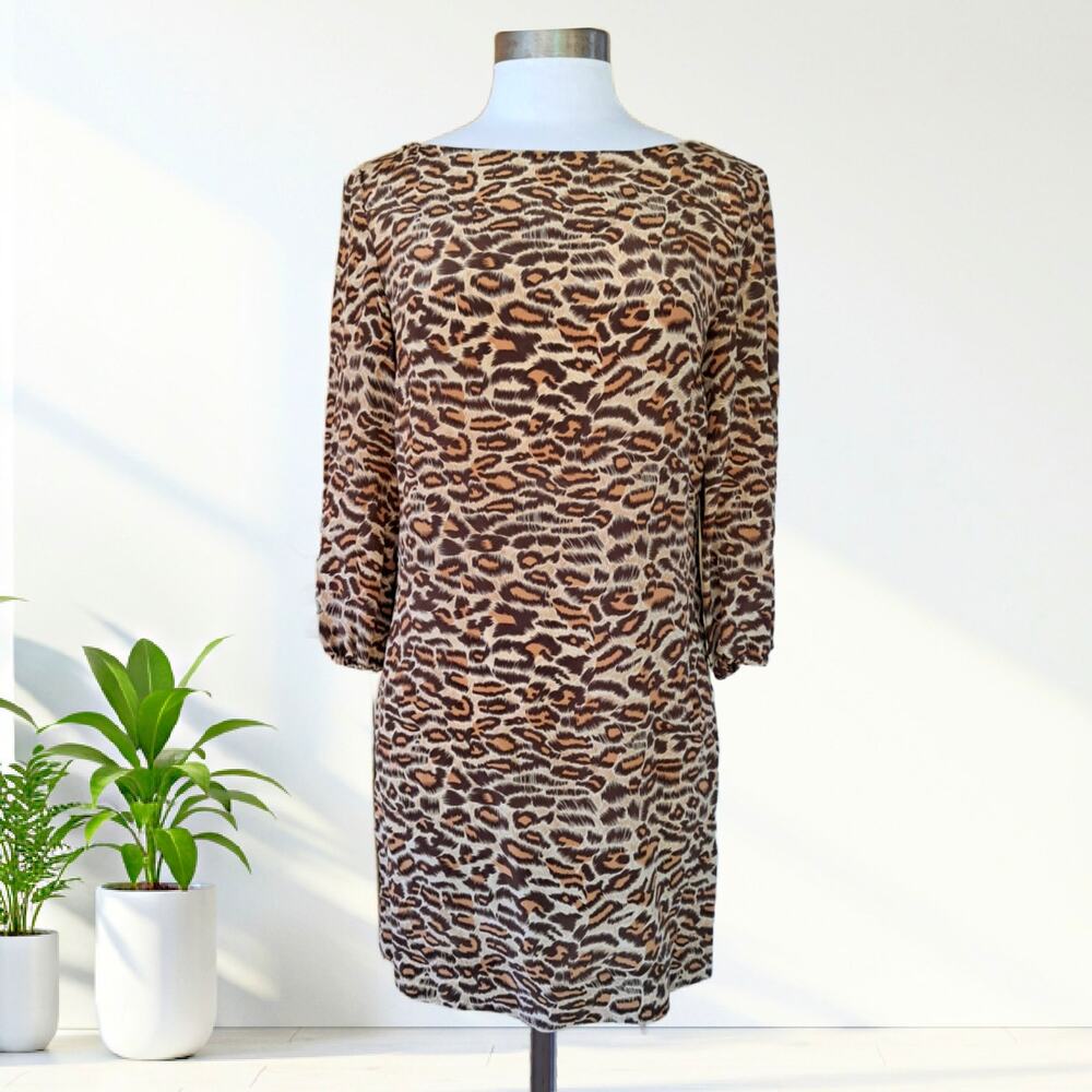 AMOUR VERT Silk Leopard Print Shift Mini Dress Size Small Tan Brown 3/4 Sleeve